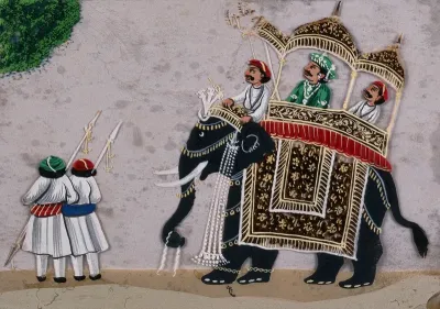 A man of high rank sitting on an elaborate howdah (canopied seat) on top of an elephant, preceded by two guards