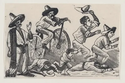 A man on a bicyle running over people, from a broadside entitled 'La Bicicleta'