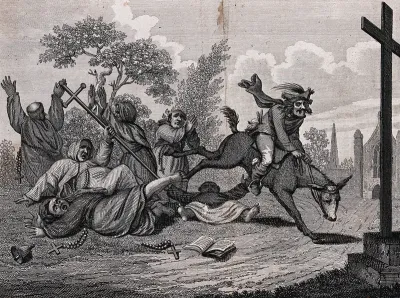 A man on a horse causing havoc among a group of people wearing cassocks, carrying crosses and rosaries