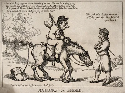 A man on a horse with a stone tied to its tail is talking to another man on the road