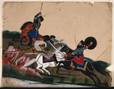 A man on a white horse being attacked by a tiger with the two other men rushing to save him