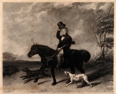 A man on horseback raises his top hat in greeting, in a rural landscape; two dogs run alongside