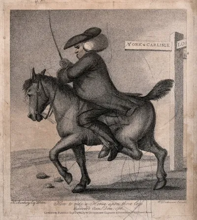A man on horseback riding past a road sign to York and Carlisle