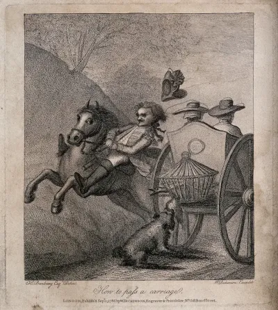 A man on horseback rushes past a carriage which sends his hat flying