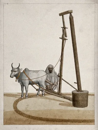 A man operating a grinding machine (?) with the help of an ox