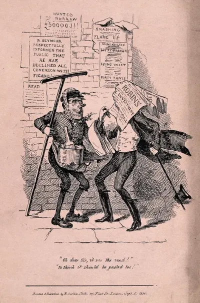 A man pasting posters on to a wall: one poster has blown away and covered a man who was walking past, knocking his hat to the ground