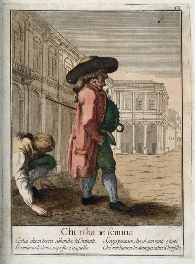 A man picks up the money spilling from a rich gentleman's pockets