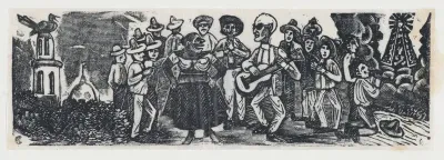A man playing a guitar serenading a woman, figures surround