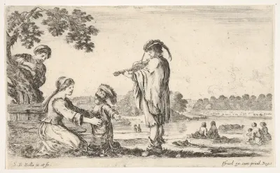 A man playing the violin in center, turned towards the left in profile, a seated woman to left playing with her dancing child, another woman standing and pointing behind a tree to left, seated women in a landscape to right in the background, from "Va