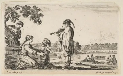 A man playing the violin in center, turned towards the left in profile, a seated woman to left playing with her dancing child, another woman standing and pointing behind a tree to left, seated women in a landscape to right in the background, from "Va