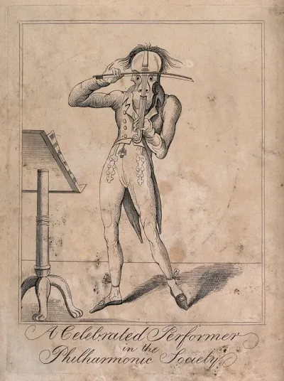 A man playing the violin with the instrument representing his face