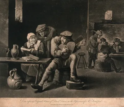 A man plays on a musical instrument as others sit around at tables with glasses and pitchers on them, an old woman is reading from a sheet of paper
