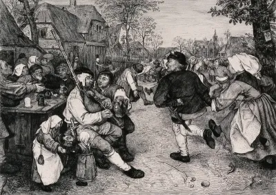 A man plays the bagpipes as people dance in the village street