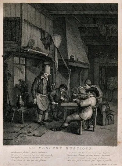 A man plays the fiddle at a tavern table as another sings and others listen