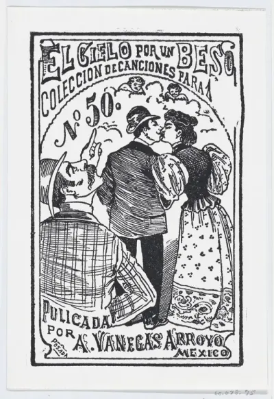 A man pointing to the heavens while a couple kisses in the background, illustration for ' El Cielo por un Beso'