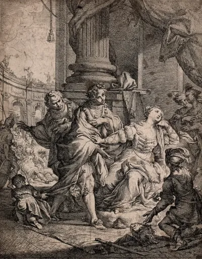 A man points to a decapitated head lying on the ground as a woman holds him back looking distressed