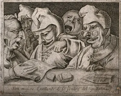 A man points to a sheet of music as he and four others sing