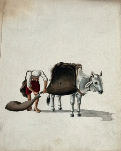 A man pouring water from large saddle bags on a cow into smaller water pouches