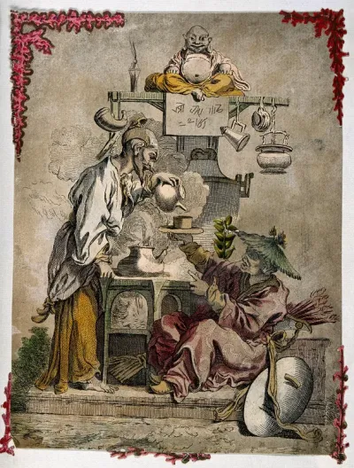 A man pours tea for a resting Chinese warrior as a kettle steams on the stove beside them