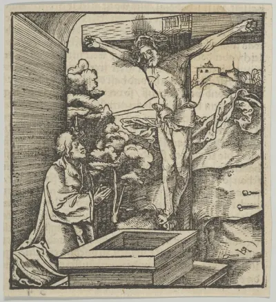 A Man Praying before a Crucifix, from Hymmelwagen auff dem, wer wol lebt...