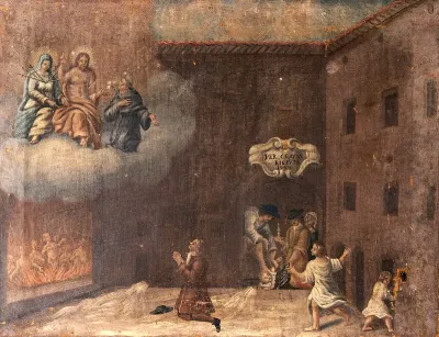 A man praying to the Virgin of the Seven Sorrows and a monastic saint to intercede with Christ to save a child trapped beneath a drain-grid, 1727