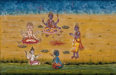 A man prays to Brahman, Vishnu and Shiva and another deity as they perform a yagna, a fire sacrifice, an old vedic ritual where offerings are made to the god of fire, Agni