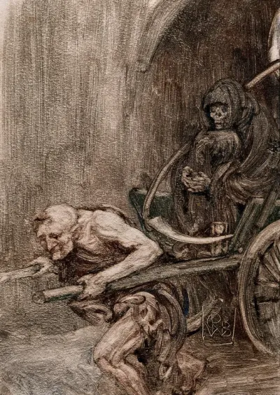 A man pulls a cart in which Death is seated