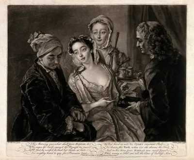 A man puts his hand into his purse to pay for the services of a young woman, as another hands her a pair of earrings