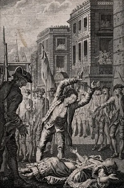 A man raises his hands in horror as he stands over the prostrate body of a woman