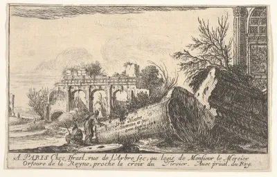 A man reaches toward a fallen column, a seated man beside him, trees and ruins beyond, frontispiece from "Views of Italy" (Vues d'Italie)