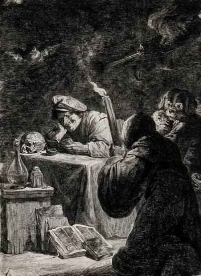 A man reading a grimoire, grinning; next to him a hooded man, kneeling on the floor, is holding a torch: they are conjuring up demons