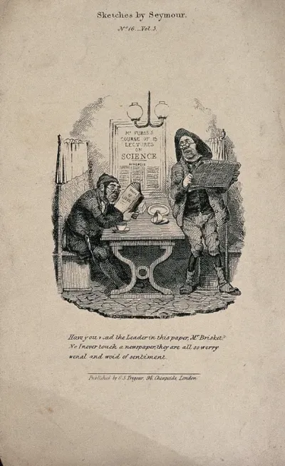 A man reading a newspaper supplied in a coffee house and reading room turns to ask a seated man if he has read the leader article, to whch he receives the reply that he has not, owing to the failings of newspapers