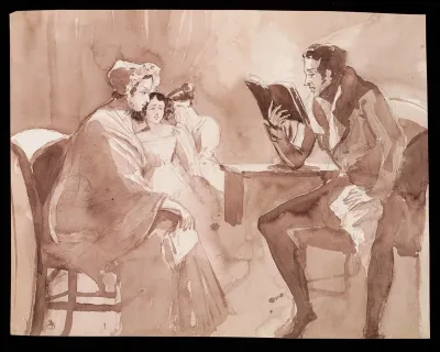 A man reading a novel with an affecting plot to his wife and daughters