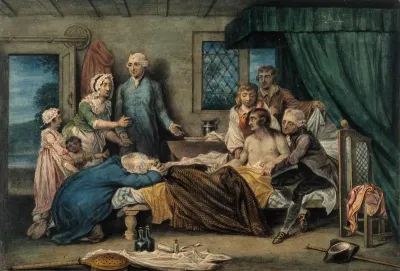 A man recuperating in bed at a receiving-house of the Royal Humane Society, after resuscitation by W