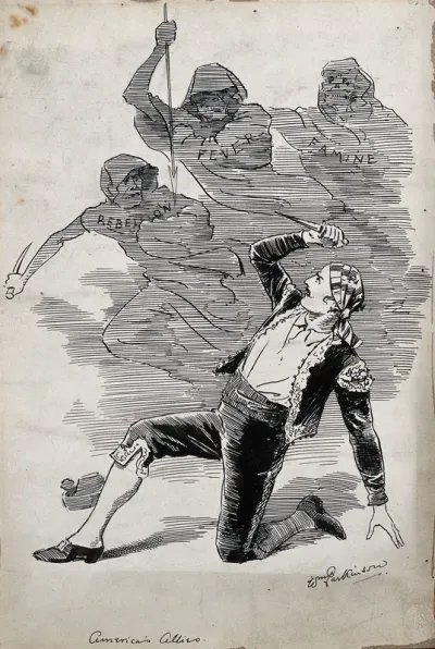 A man representing Spain is about to stab three hooded skeletons representing rebellion, fever and famine; representing the position of Spain in the Spanish-American War, 1898