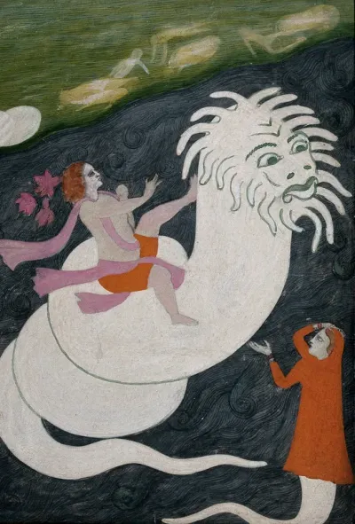 A man rides a gigantic white serpent in a river, watched by a woman in an orange shawl
