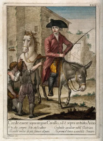 A man riding a donkey deludes himself into believing that he is on a splendid horse
