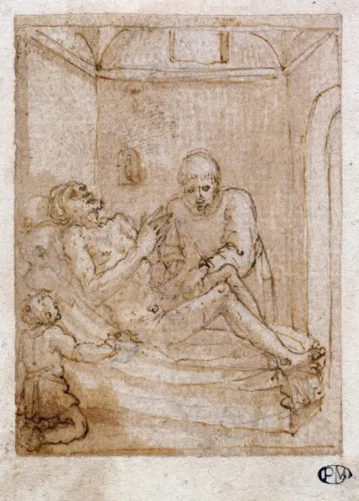A man's body receiving the ministrations of a healer