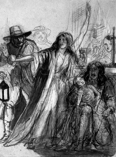 A man seated holding a child plague victim, a woman is holding back another man