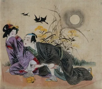 A man seducing a woman beneath an autumn moon