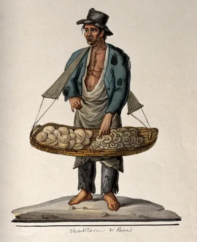 A man selling bread from a large basket hanging from his shoulders