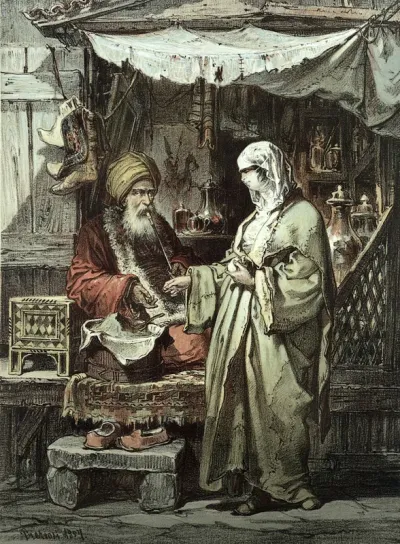A man selling medicinal drugs to a woman in a bazaar in Constantinople