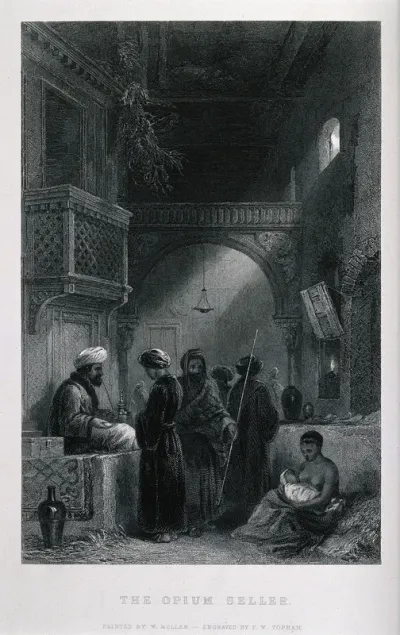 A man selling opium; nearby a woman breast feeds her baby