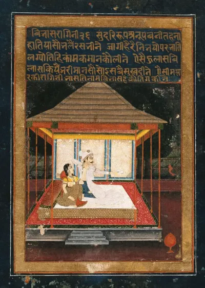 A man shooting an arrow at the cock while his lover looks on