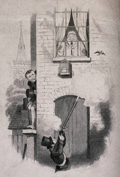 A man shoots at a lark that has escaped from its cage on the street: the woman who owns it watches in horror from an upstairs window, while another man watches from the side of the house