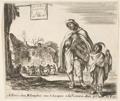 A man sings and plays the hurdy gurdy, accompanied by a boy playing the triangle to right, a group of peasants dancing in a ring to left in background, plate 1 and title page for "Diversi capricci"