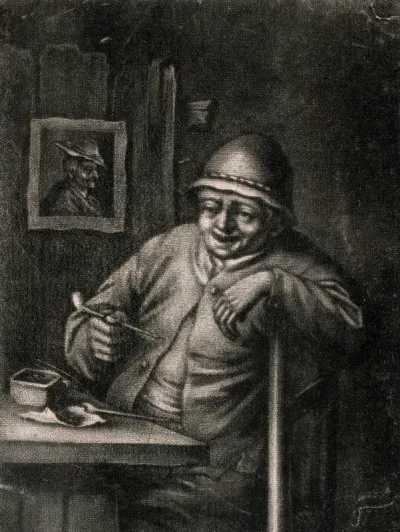 A man sits at a table preparing to smoke his pipe, behind him hangs a portrait