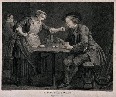 A man sits at a table with playing cards and drink in hand, his wife threatens him as his playing partner makes his departure