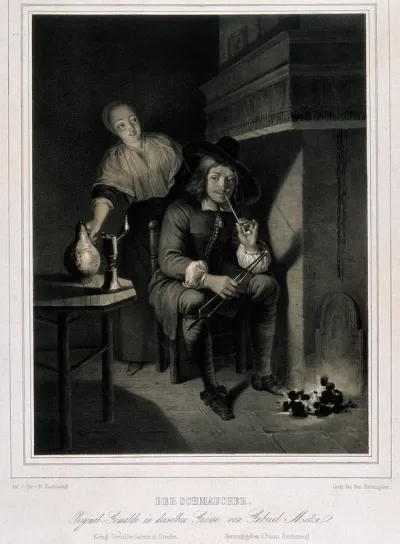 A man sits by a fireplace lighting his pipe with an ember while a servant girl brings his drink