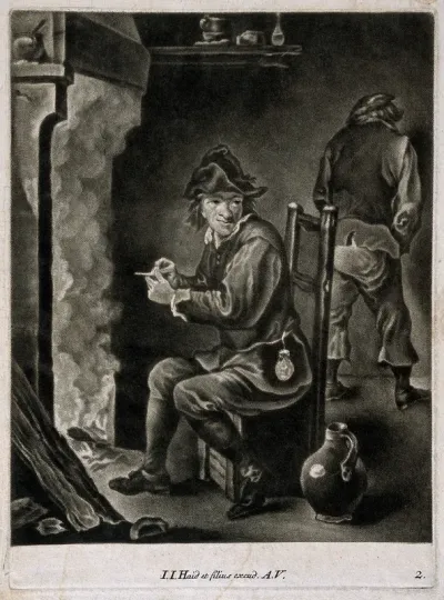 A man sits filling his pipe by the fire, behind a man relieves himself against the wall